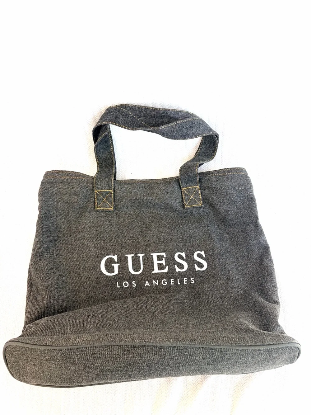 Guess Authentic Vintage 1990s Dark Gray Canvas Tote, White Logo Yellow Stitch